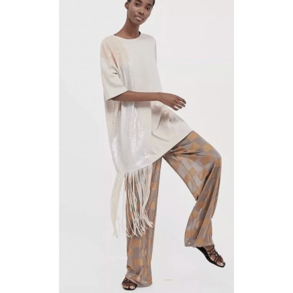 Zara Cream 100% Cotton Western Country Long Sequin Fringe Tee Shirt Top Blouse S
